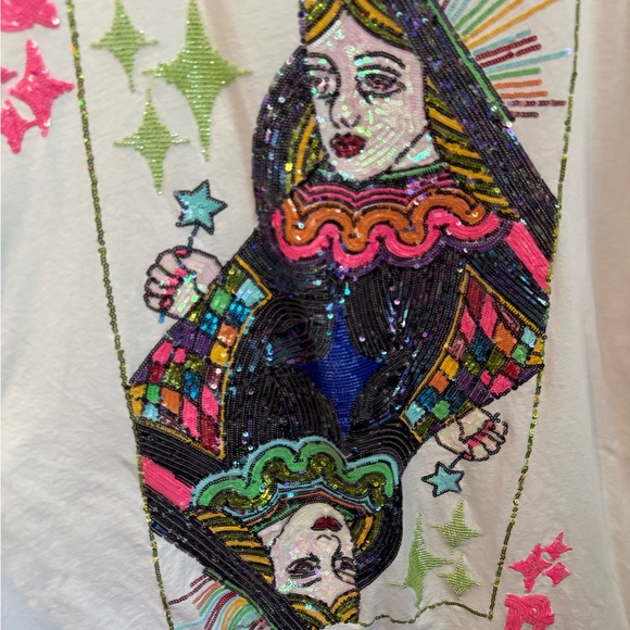 QUEEN OF SPARKLES White Graphic Sequin Cardigan Playing Card Tee - Picture 3 of 6